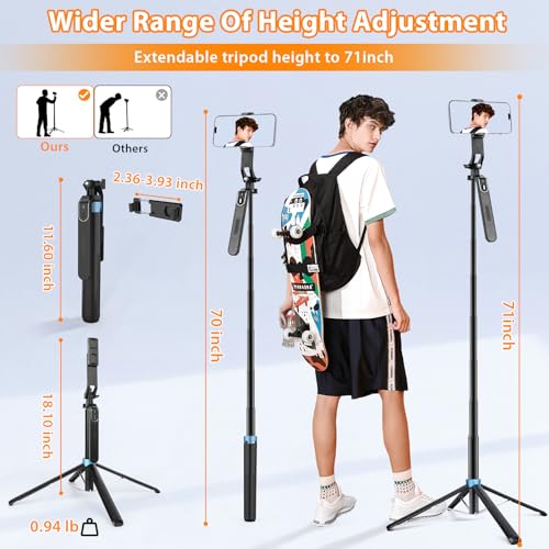 Eocean Gopro Tripod Selfie Stick Tripod with Remote, 4-Legs, 360° Ballhead, Aluminum 71" Extendable Cell Phone Tripod Stand Compatible with iPhone/Android - Image 4