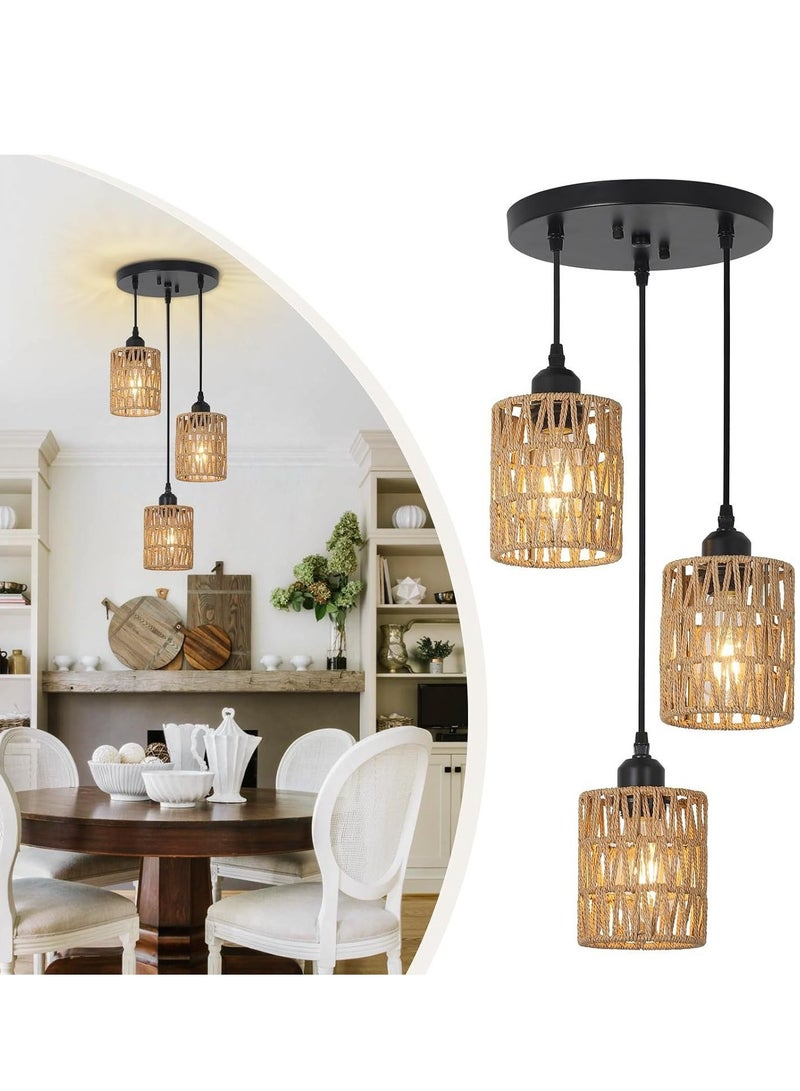GUDOO 3-Light Rattan Pendant Light Fixtures Industrial brown Hanging Lighting Adjustable Woven Wicker Chandelier Farmhouse Basket Ceiling Lamp for Kitchen Island Dining Room Bedroom Foyer Hallway  - Image 1