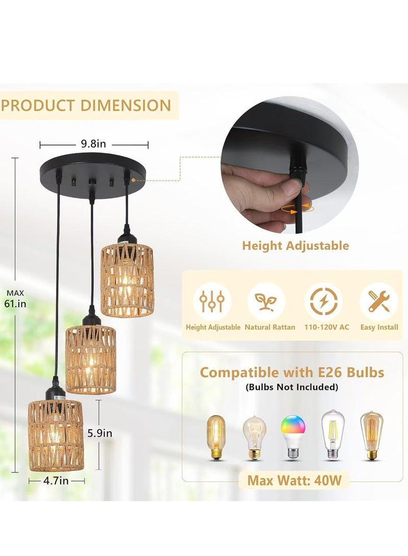 GUDOO 3-Light Rattan Pendant Light Fixtures Industrial brown Hanging Lighting Adjustable Woven Wicker Chandelier Farmhouse Basket Ceiling Lamp for Kitchen Island Dining Room Bedroom Foyer Hallway  - Image 2