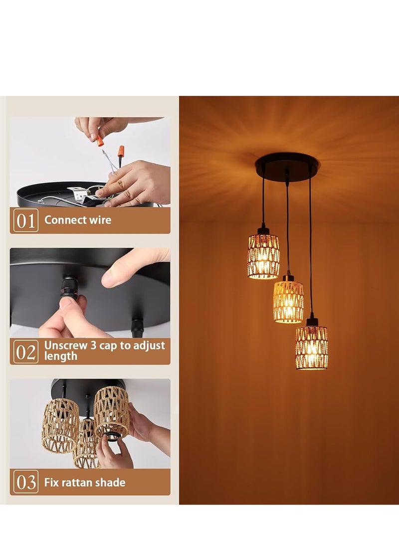 GUDOO 3-Light Rattan Pendant Light Fixtures Industrial brown Hanging Lighting Adjustable Woven Wicker Chandelier Farmhouse Basket Ceiling Lamp for Kitchen Island Dining Room Bedroom Foyer Hallway  - Image 3