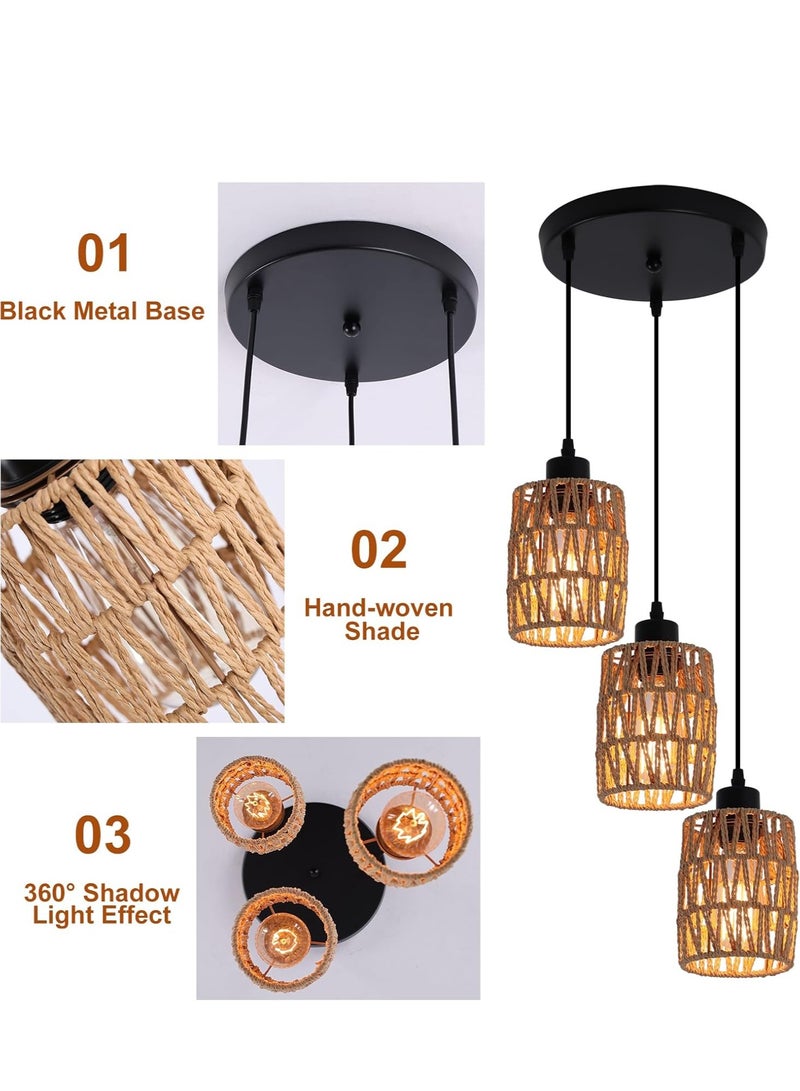 GUDOO 3-Light Rattan Pendant Light Fixtures Industrial brown Hanging Lighting Adjustable Woven Wicker Chandelier Farmhouse Basket Ceiling Lamp for Kitchen Island Dining Room Bedroom Foyer Hallway  - Image 4