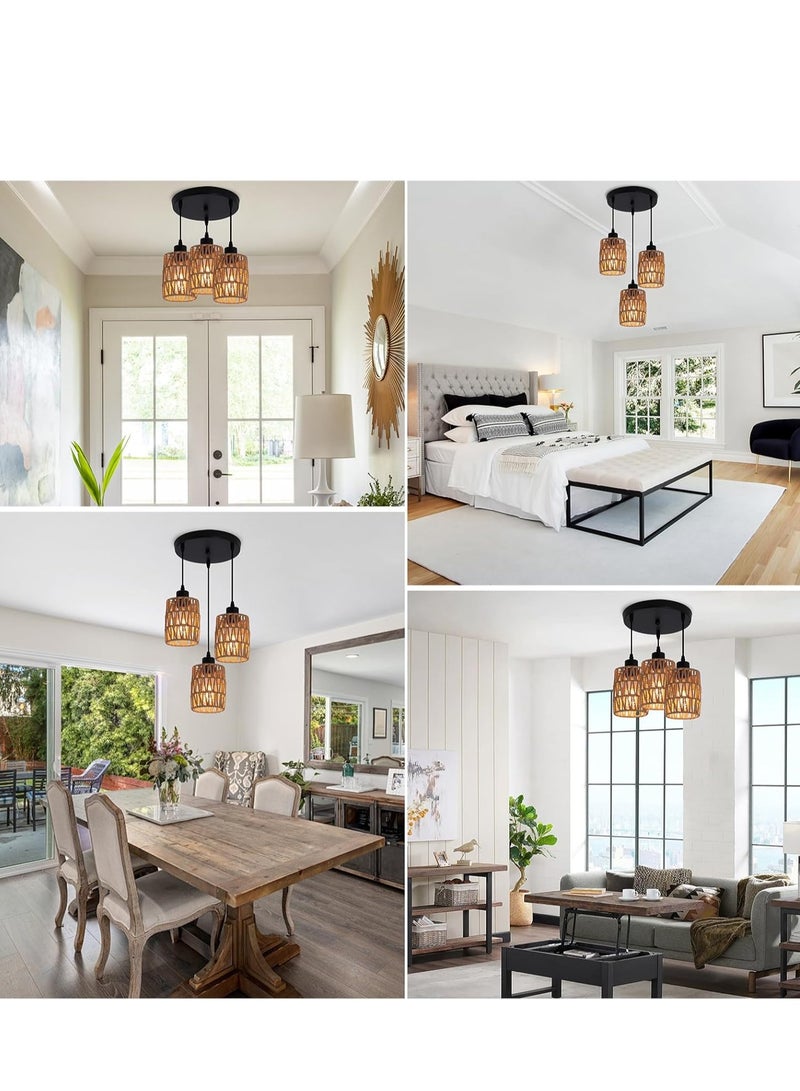 GUDOO 3-Light Rattan Pendant Light Fixtures Industrial brown Hanging Lighting Adjustable Woven Wicker Chandelier Farmhouse Basket Ceiling Lamp for Kitchen Island Dining Room Bedroom Foyer Hallway  - Image 5