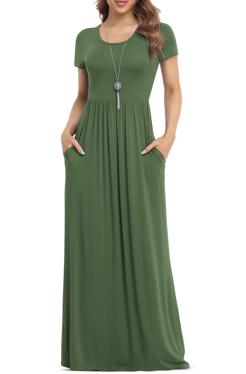 VIISHOW Women's Short Sleeve Loose Plain Maxi Dresses Casual Long Dresses Maternity Dresses with Pockets（Army Green,X-Large） - Image 5