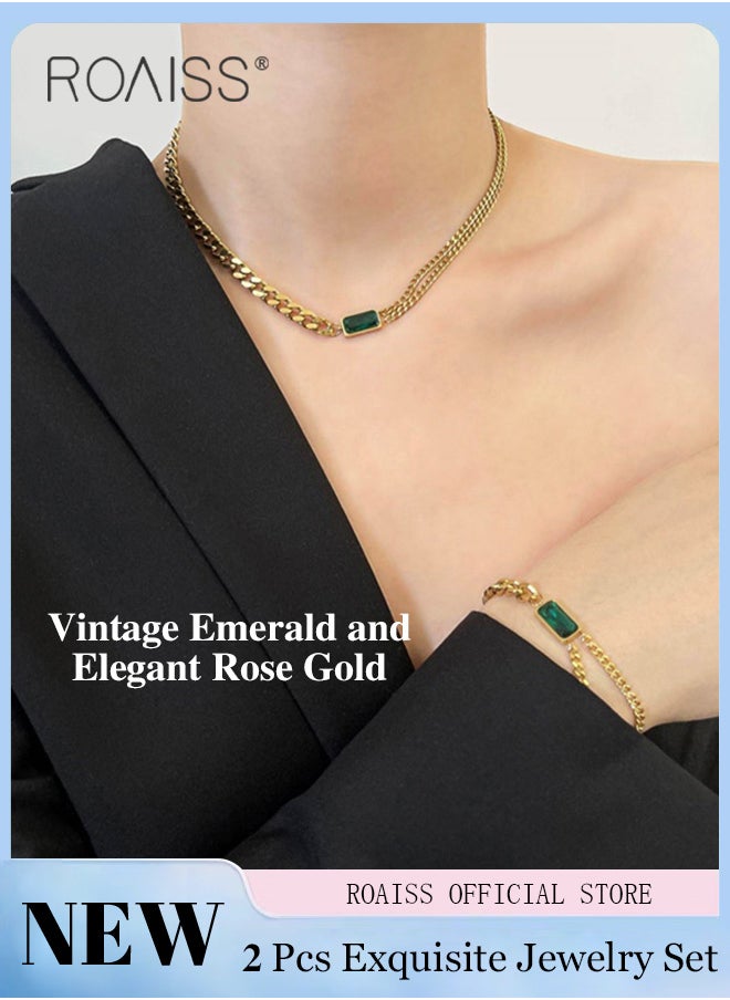 roaiss - 2 Piece Women Jewelry Set Featuring Emerald Green Gemstone Accents Collarbone Necklace and Bracelet Set Crafted with Stainless Steel Titanium and 18k Gold Plating for Long-lasting Color Preservation - Image 1