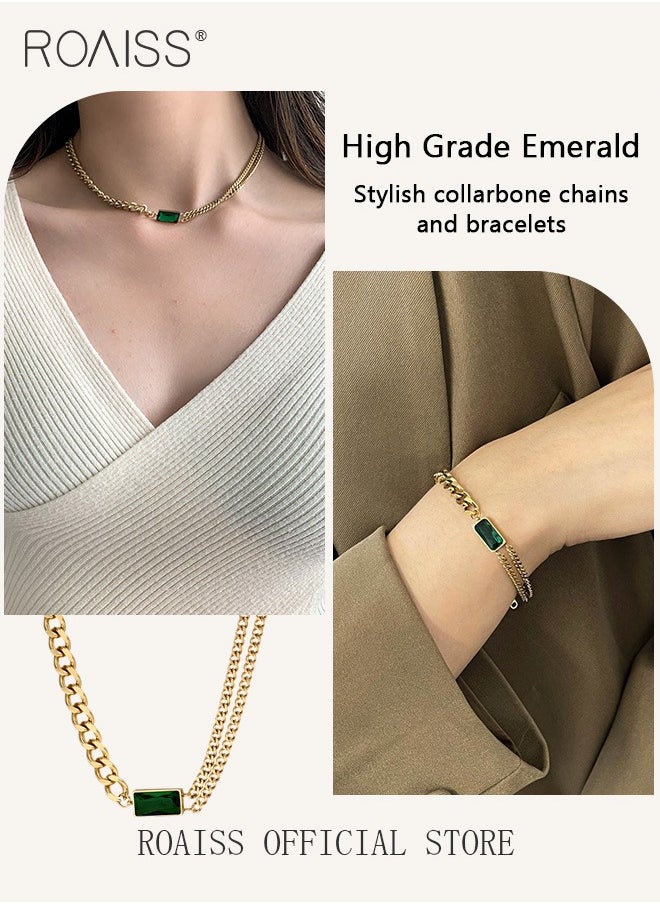 roaiss - 2 Piece Women Jewelry Set Featuring Emerald Green Gemstone Accents Collarbone Necklace and Bracelet Set Crafted with Stainless Steel Titanium and 18k Gold Plating for Long-lasting Color Preservation - Image 1