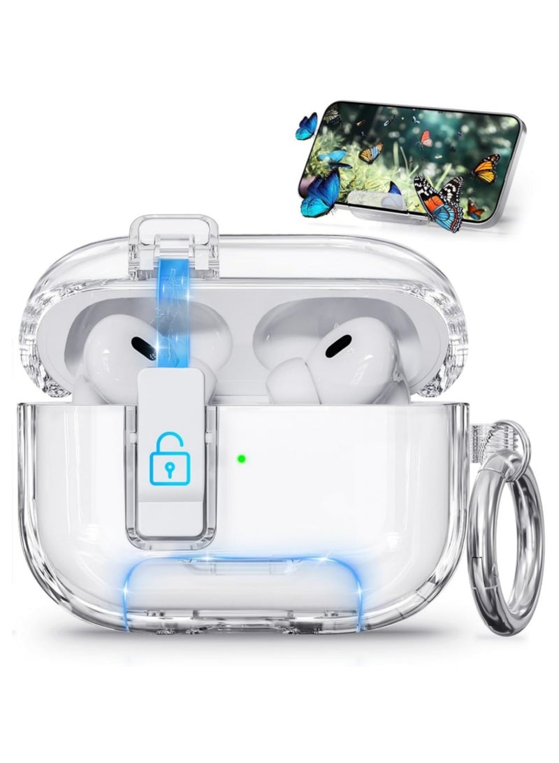 Adando Compatible with AirPods Pro 3 Case with Safety Lock, Soft TPU Transparent, Dustproof Charging Port and Stand Function for Airpods Pro 3 Cover (Clear) - Image 1