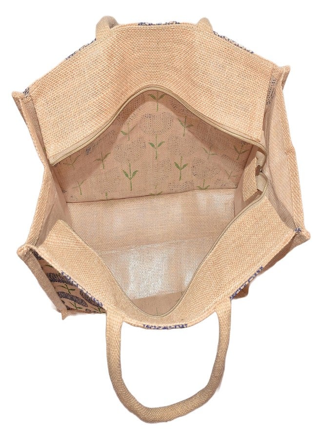 Daffodil Jute Bags For Lunch | Tote Bag | Handcrafted Tulip Flower Print Bag | Multipurpose Carry Bag | Durable Bags for Men & Women | Jute Handbags (Blue) - Image 5