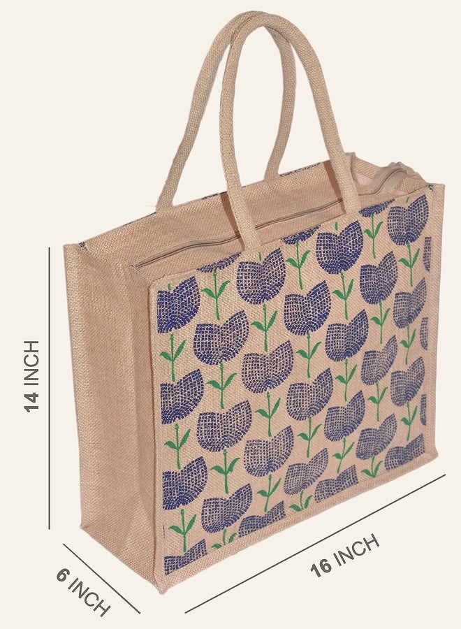 Daffodil Jute Bags For Lunch | Tote Bag | Handcrafted Tulip Flower Print Bag | Multipurpose Carry Bag | Durable Bags for Men & Women | Jute Handbags (Blue) - Image 3