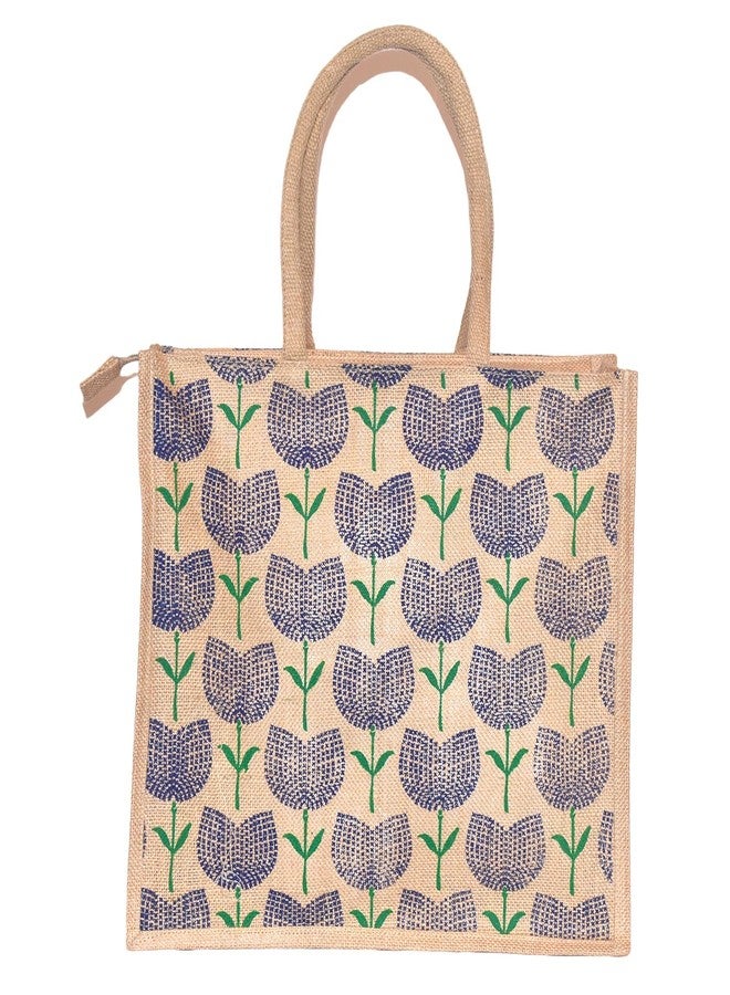 Daffodil Jute Bags For Lunch | Tote Bag | Handcrafted Tulip Flower Print Bag | Multipurpose Carry Bag | Durable Bags for Men & Women | Jute Handbags (Blue) - Image 1