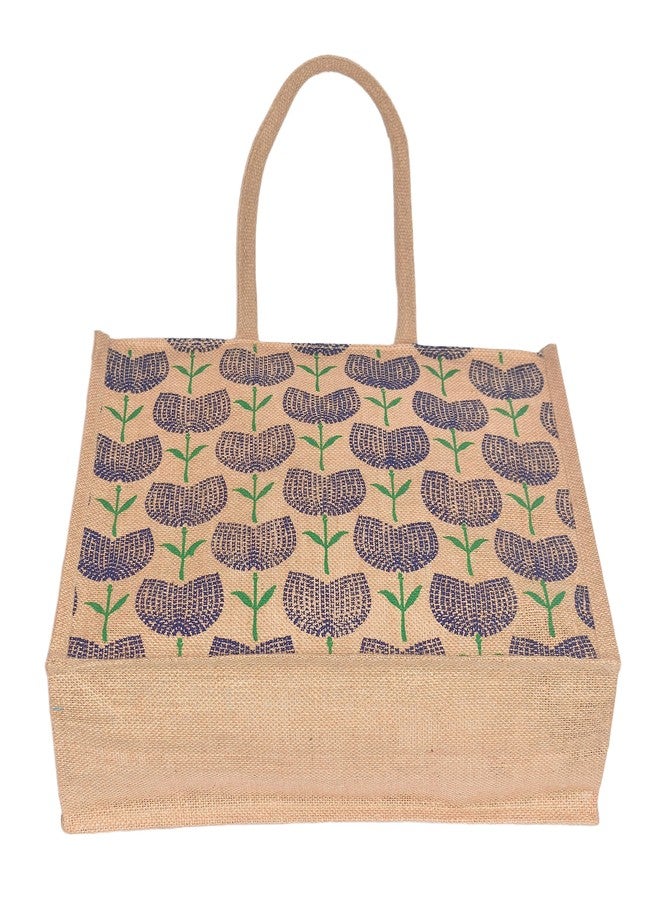 Daffodil Jute Bags For Lunch | Tote Bag | Handcrafted Tulip Flower Print Bag | Multipurpose Carry Bag | Durable Bags for Men & Women | Jute Handbags (Blue) - Image 4