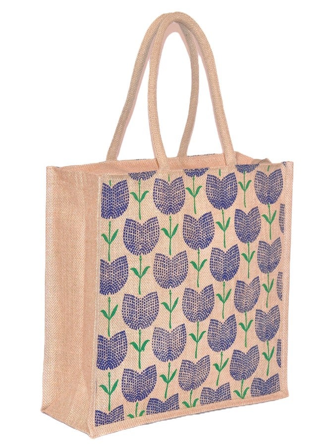 Daffodil Jute Bags For Lunch | Tote Bag | Handcrafted Tulip Flower Print Bag | Multipurpose Carry Bag | Durable Bags for Men & Women | Jute Handbags (Blue) - Image 2