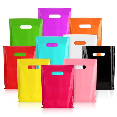 POPGIFTU Assorted Color Plastic Bags with Handles 100 Pack, 9x12 Multi Color Gift Bags Bulk, 1.75 Mil Thick Shopping Bags for Party Favors, Goodie Bags, Retail & Small Business Packaging - Image 1