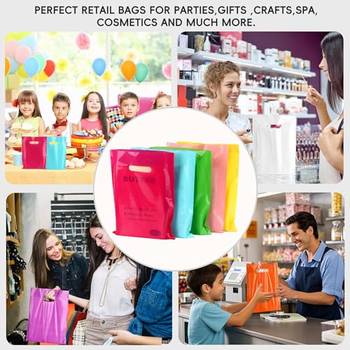 POPGIFTU Assorted Color Plastic Bags with Handles 100 Pack, 9x12 Multi Color Gift Bags Bulk, 1.75 Mil Thick Shopping Bags for Party Favors, Goodie Bags, Retail & Small Business Packaging - Image 5