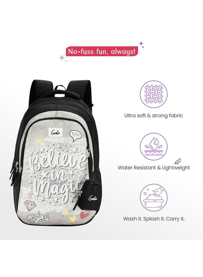 Genie Magic School Backpack for Girls |19 In-36 Ltr with Three Compartments, Side Pockets and Light Weight with Padded Shoulders |Best for Books,Stationery,Lunch Box & Essentials - Black - Image 4