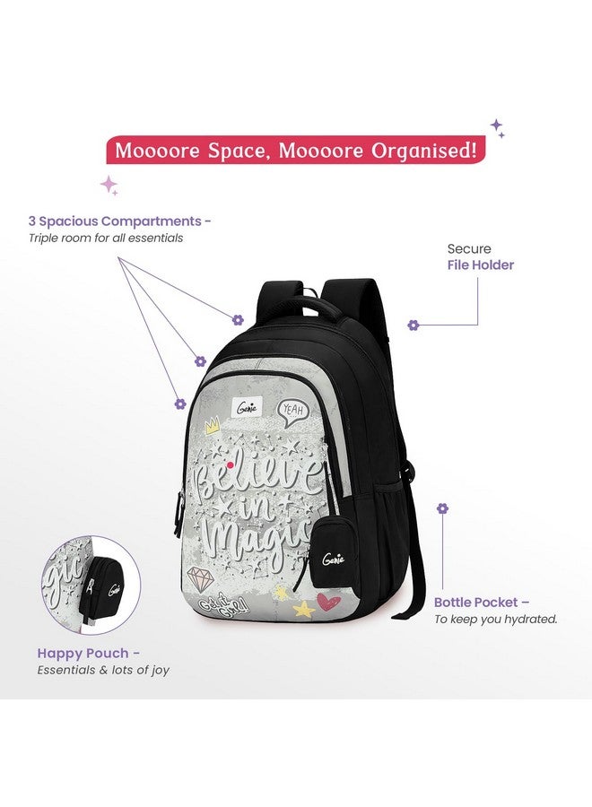 Genie Magic School Backpack for Girls |19 In-36 Ltr with Three Compartments, Side Pockets and Light Weight with Padded Shoulders |Best for Books,Stationery,Lunch Box & Essentials - Black - Image 2