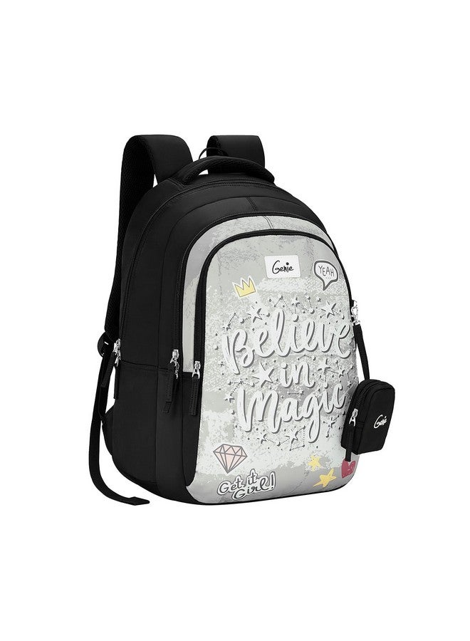 Genie Magic School Backpack for Girls |19 In-36 Ltr with Three Compartments, Side Pockets and Light Weight with Padded Shoulders |Best for Books,Stationery,Lunch Box & Essentials - Black - Image 1
