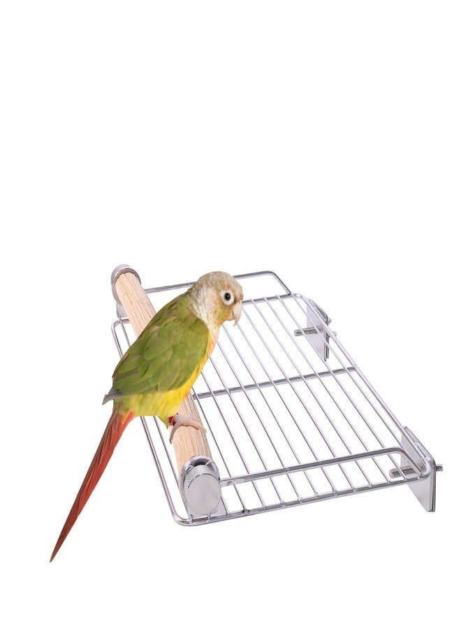 Stainless Steel Bird Perches for Cage, Open-Grid Easy Clean Parrot Perch Stand, Resting and Dining Stand for Small & Medium Birds (Solid Wood Station Stick Stainless Steel Platform, Large Size)