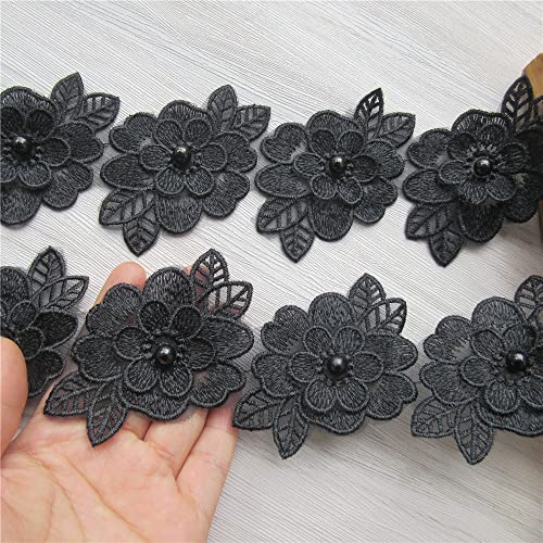 SHBBON 2 Yards 3D Flower Lace Trim Pearl Embroidered Polyester Lace Ribbon Fabric Applique Patchwork for Wedding Dress Handmade DIY Sewing Craft Supplies Decoration (Black) - Image 3