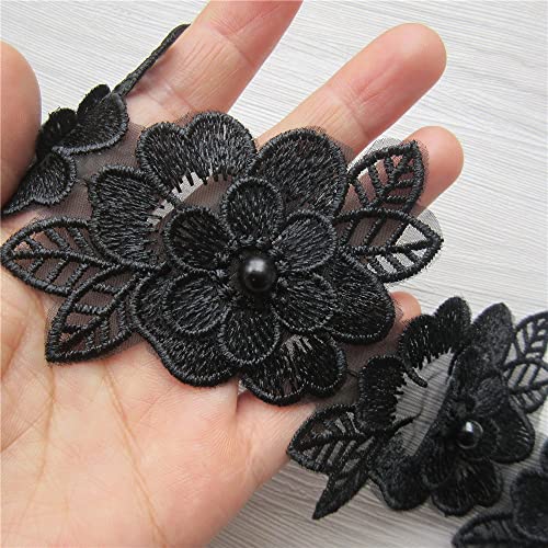 SHBBON 2 Yards 3D Flower Lace Trim Pearl Embroidered Polyester Lace Ribbon Fabric Applique Patchwork for Wedding Dress Handmade DIY Sewing Craft Supplies Decoration (Black) - Image 1