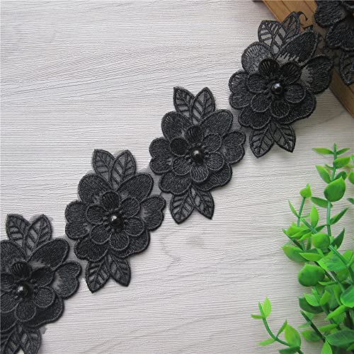 SHBBON 2 Yards 3D Flower Lace Trim Pearl Embroidered Polyester Lace Ribbon Fabric Applique Patchwork for Wedding Dress Handmade DIY Sewing Craft Supplies Decoration (Black) - Image 2