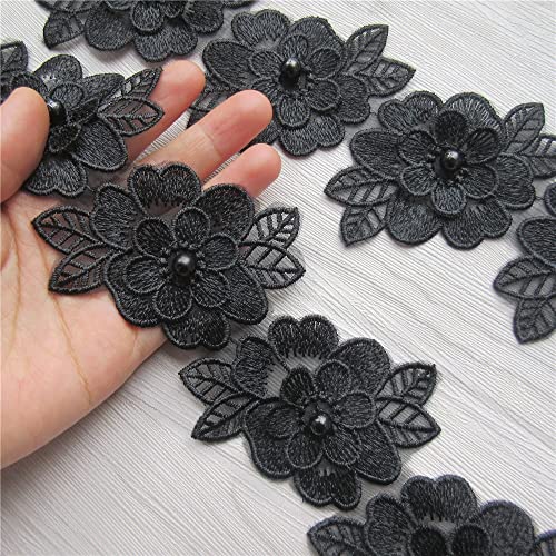 SHBBON 2 Yards 3D Flower Lace Trim Pearl Embroidered Polyester Lace Ribbon Fabric Applique Patchwork for Wedding Dress Handmade DIY Sewing Craft Supplies Decoration (Black) - Image 4