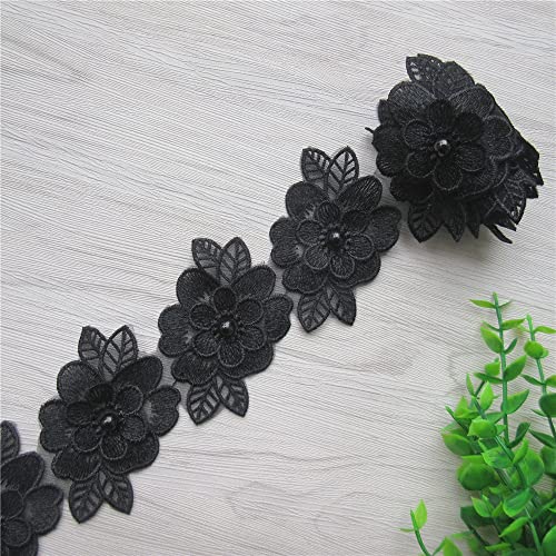 SHBBON 2 Yards 3D Flower Lace Trim Pearl Embroidered Polyester Lace Ribbon Fabric Applique Patchwork for Wedding Dress Handmade DIY Sewing Craft Supplies Decoration (Black) - Image 5