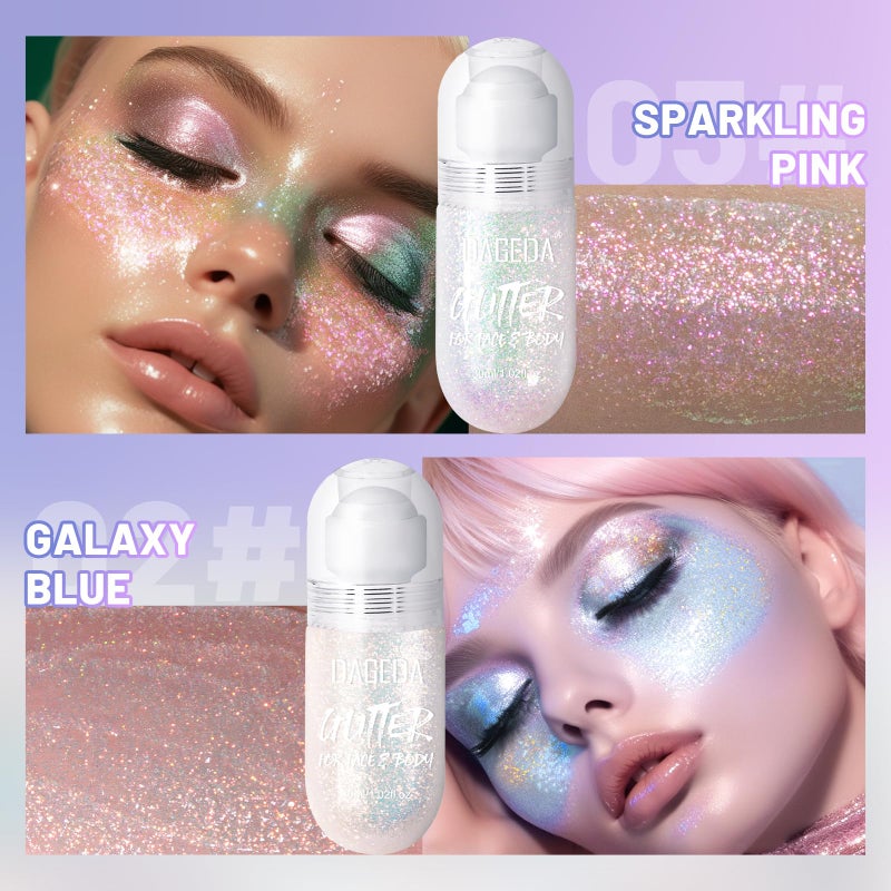 DAGEDA 2Colors Roll-on Body Glitter Gel for Body, Hair, Face, Holographic Glitter Makeup for Rave Accessories, Body Shimmer Hair Glitter Gel for Halloween Makeup(Galaxy Blue+Sparkling Pink) - Image 2