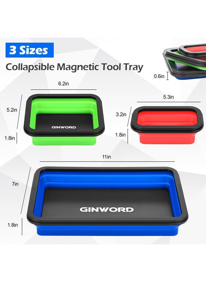 GINWORD 3Pcs Foldable Magnetic Partsn Trays Set with 1.5LBS Magnetic Pick-up Tool, 3 Size Silicone Magnetic Tool for Organizing Screws, Bolts, Nuts, Washers, Pins, and Other Small Metal Parts. - Image 2