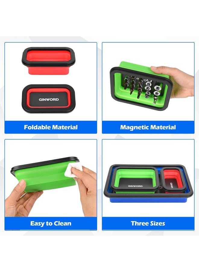 GINWORD 3Pcs Foldable Magnetic Partsn Trays Set with 1.5LBS Magnetic Pick-up Tool, 3 Size Silicone Magnetic Tool for Organizing Screws, Bolts, Nuts, Washers, Pins, and Other Small Metal Parts. - Image 3