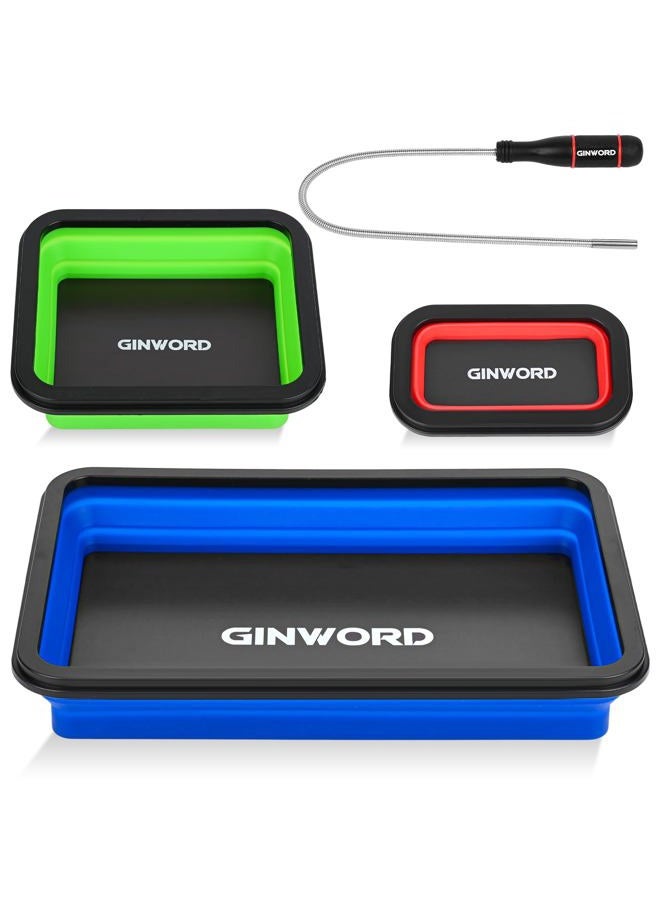 GINWORD 3Pcs Foldable Magnetic Partsn Trays Set with 1.5LBS Magnetic Pick-up Tool, 3 Size Silicone Magnetic Tool for Organizing Screws, Bolts, Nuts, Washers, Pins, and Other Small Metal Parts. - Image 1