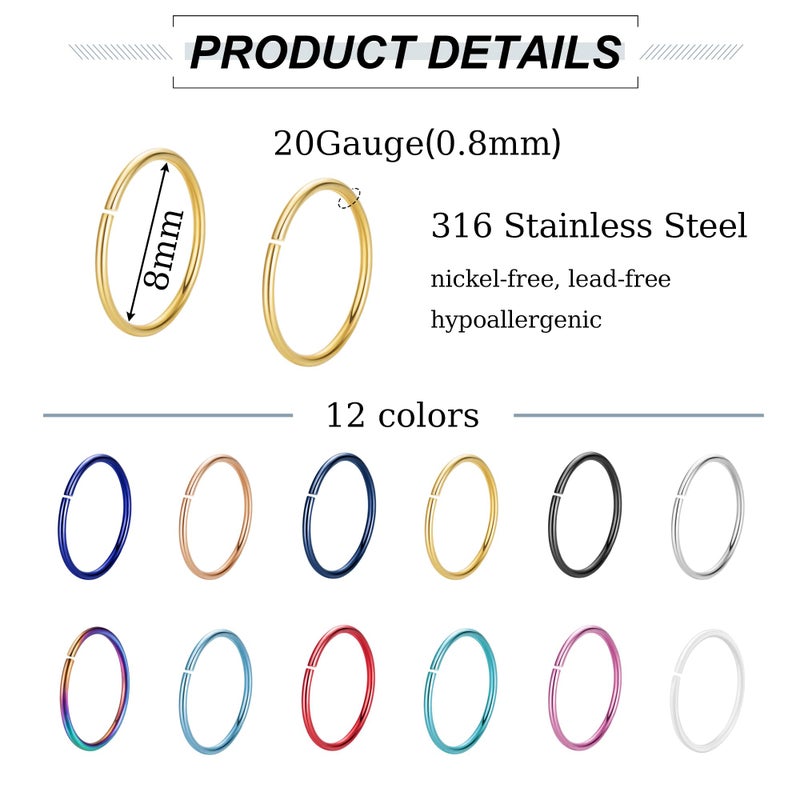 NICEIGHT 18G 20G 22G Stainless Steel Nose Rings Hoops for Women Men Cartilage Helix Earring Hoops Lip Rings Nose Piercing Jewelry 8MM - Image 4