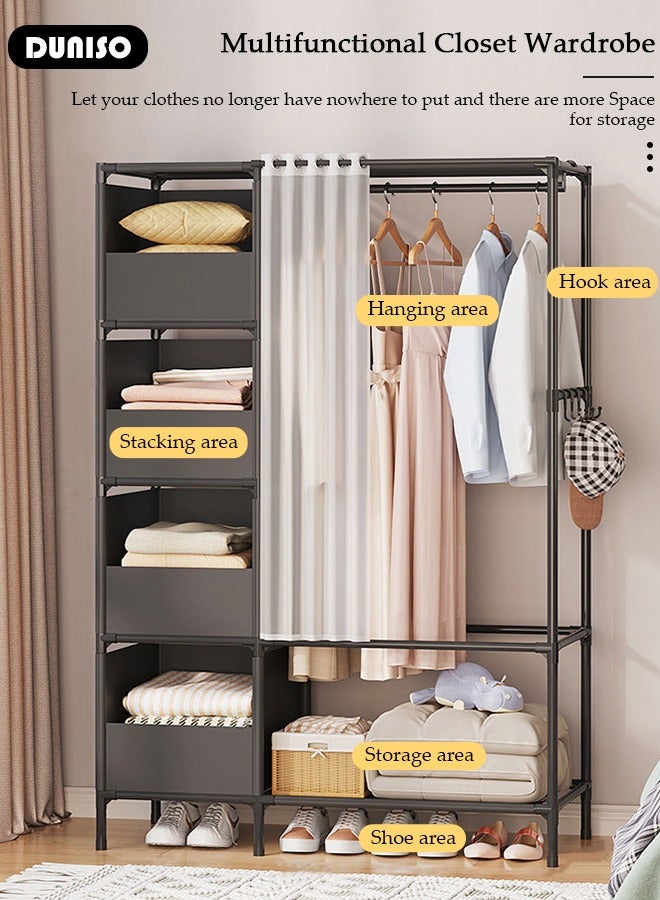 DUNISO Clothing Storage Cabinet with Curtain, Portable Wardrobe Storage Closet with 4 Hooks,4 Storage Box and Top 1 Crossbars, Coat Rack Freestanding with Shelves, for Living Room, Bedroom, Clothes Room  - Image 3