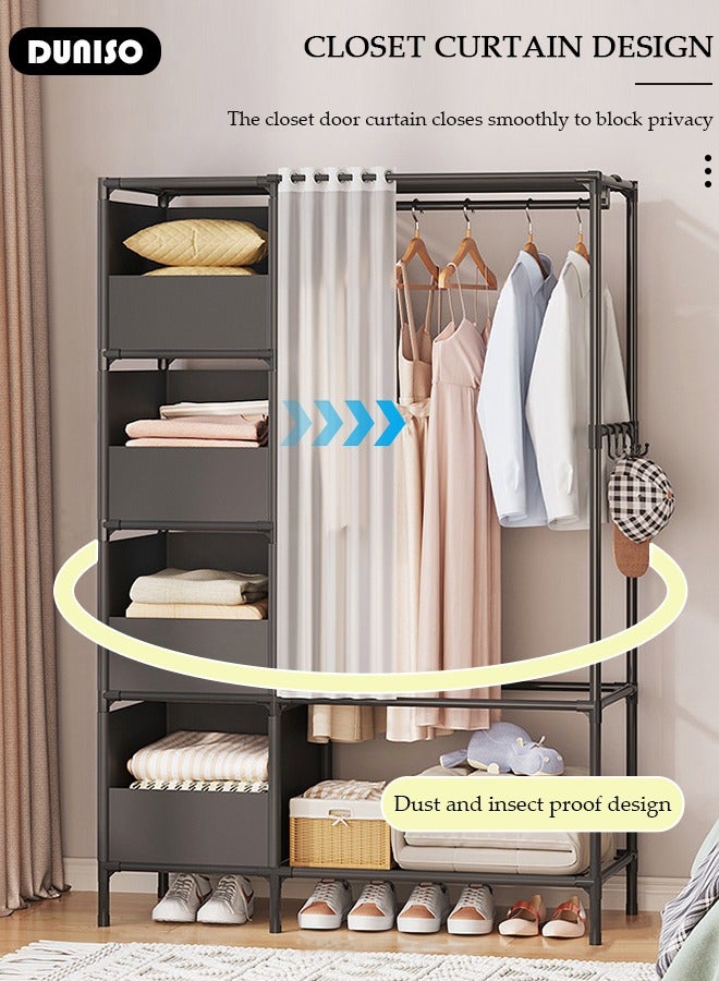 DUNISO Clothing Storage Cabinet with Curtain, Portable Wardrobe Storage Closet with 4 Hooks,4 Storage Box and Top 1 Crossbars, Coat Rack Freestanding with Shelves, for Living Room, Bedroom, Clothes Room  - Image 5