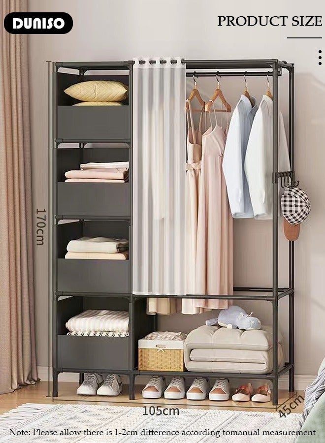 DUNISO Clothing Storage Cabinet with Curtain, Portable Wardrobe Storage Closet with 4 Hooks,4 Storage Box and Top 1 Crossbars, Coat Rack Freestanding with Shelves, for Living Room, Bedroom, Clothes Room  - Image 4