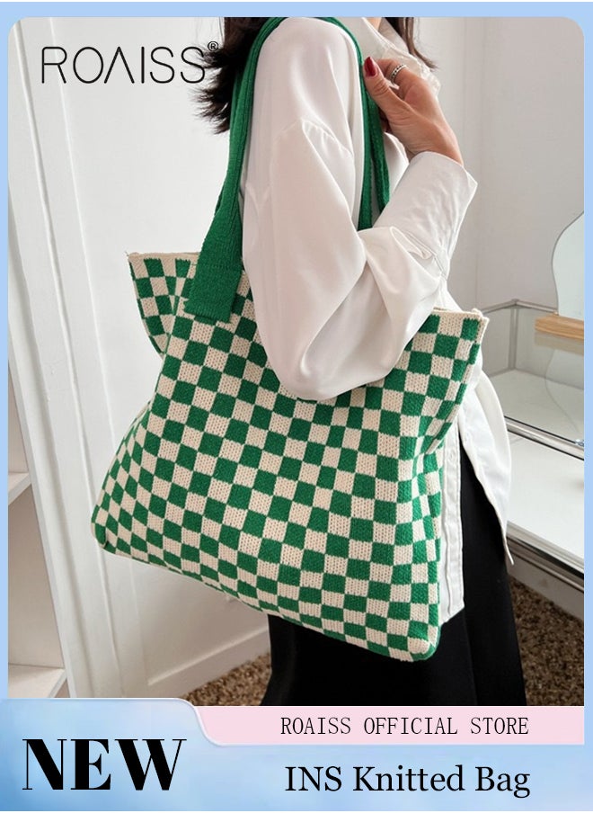 roaiss - Women's Shoulder Bag Checkered Knitted Bag Simple Tote bag Commuter Bag Large Capacity - Image 1
