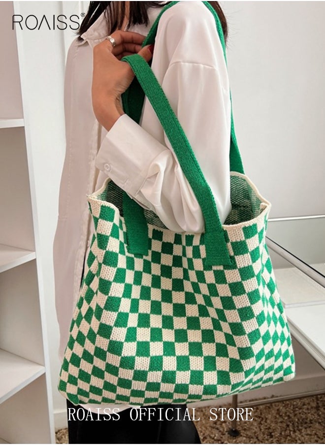 roaiss - Women's Shoulder Bag Checkered Knitted Bag Simple Tote bag Commuter Bag Large Capacity - Image 1
