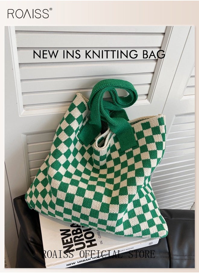 roaiss - Women's Shoulder Bag Checkered Knitted Bag Simple Tote bag Commuter Bag Large Capacity - Image 1