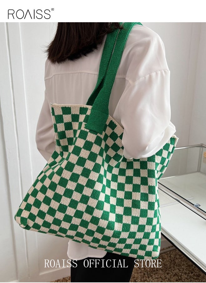 roaiss - Women's Shoulder Bag Checkered Knitted Bag Simple Tote bag Commuter Bag Large Capacity - Image 1