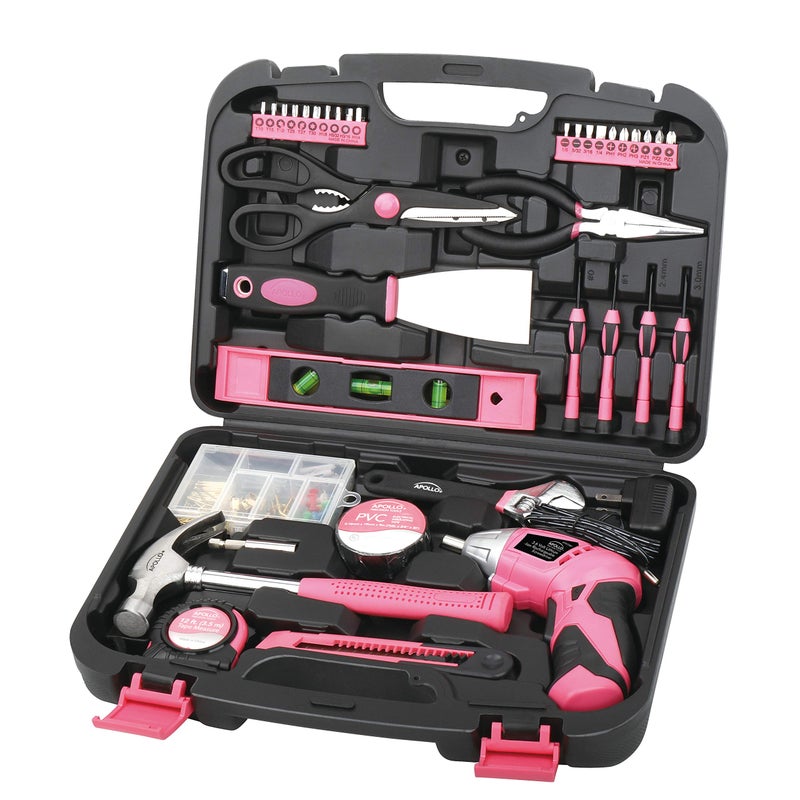 Apollo Tools 135 Piece Household Pink Hand Tools Set with Pivoting Dual-Angle 3.6 V Lithium-Ion Cordless Screwdriver - DT0773N1 - Image 1