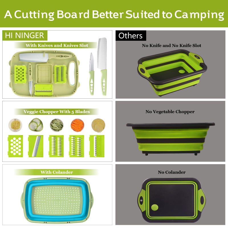 HI NINGER Camping Cutting Board, HI NINGER Collapsible Chopping Board with Colander, 9-In-1 Multi Chopping Board Kitchen Vegetable Washing Basket for Camping,Camping Gifts Camping Accessories for RV Campers - Image 2