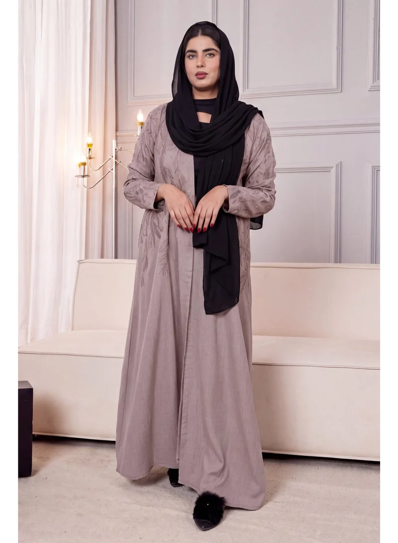 Fashion Line Women's Leaf Embroidered Front-Open Crepe Abaya – Taupe Grey