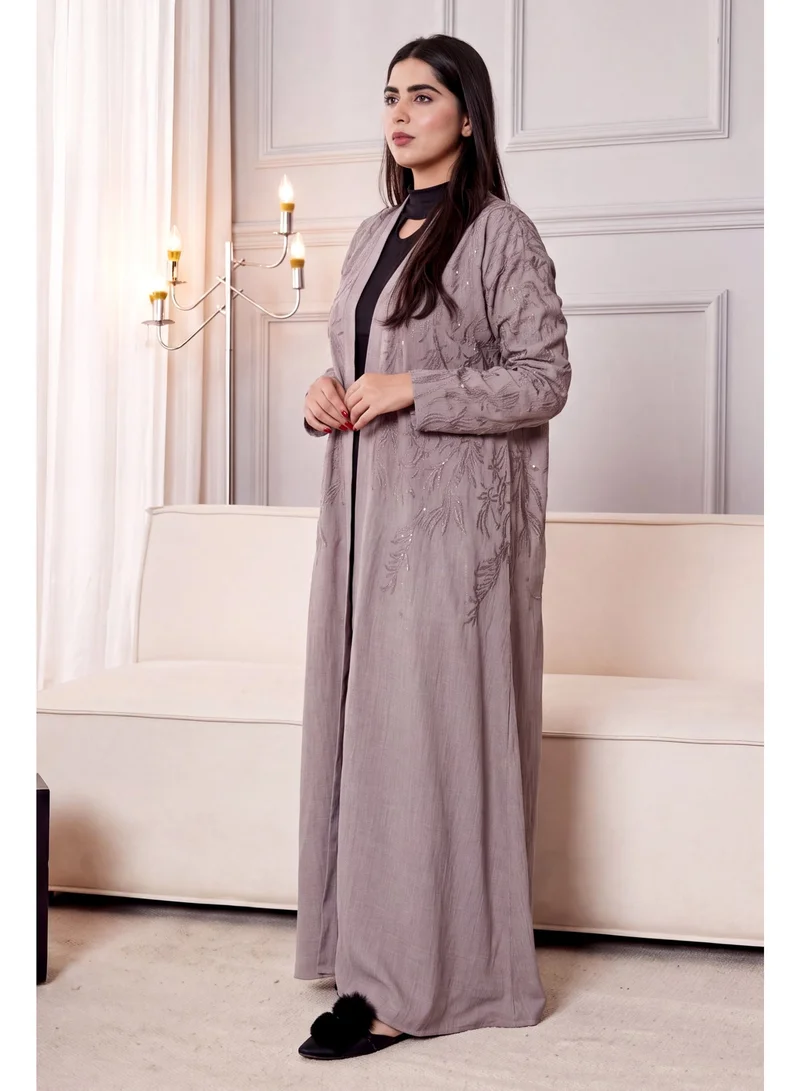 Fashion Line Women's Leaf Embroidered Front-Open Crepe Abaya – Taupe Grey