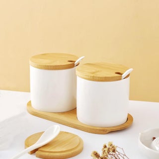 Kuber Industries Kitchen Storage Box | Spoon and Wooden Tray Spice Container | Round Condiment Jar for Home | Air-Tight Bamboo Lid Kitchen Set | Set of 2 | BK02WT | 250 ML | White - pzsku/Z883990A26969C62A63F9Z/45/1743594206/0350b715-ef2c-45da-8992-d4775d00a28f