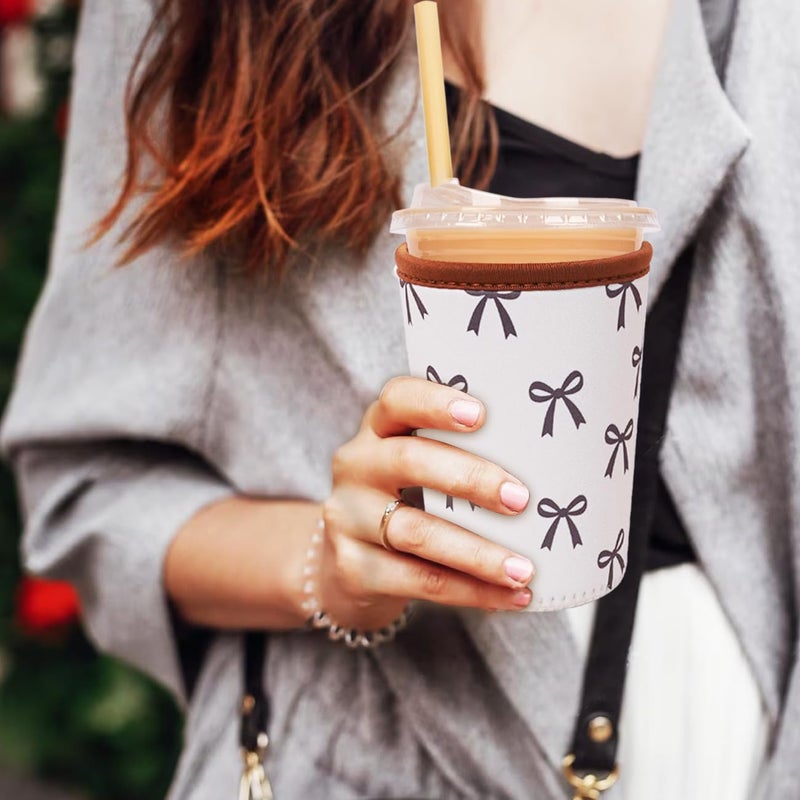Haevola Reusable Insulated Neoprene Iced Coffee Cup Sleeve, Durable Drink Sleeve for Cold Beverages, Beverage Holder for Iced Coffee, Cream Bow - Image 4