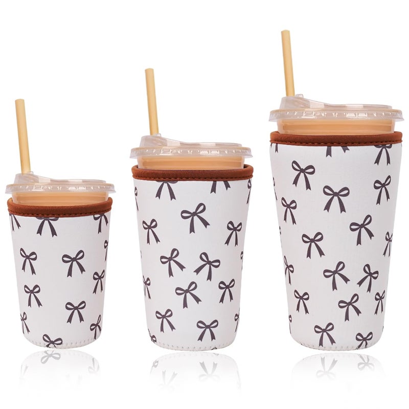 Haevola Reusable Insulated Neoprene Iced Coffee Cup Sleeve, Durable Drink Sleeve for Cold Beverages, Beverage Holder for Iced Coffee, Cream Bow - Image 1