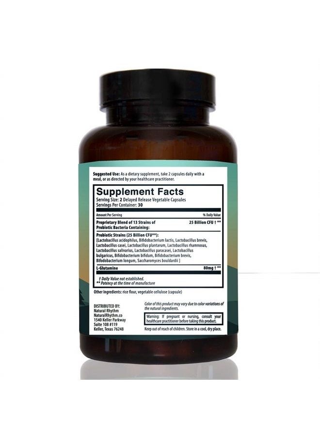 Natural Rhythm - Digestive Calm Probiotic (Plus L-Glutamine) 25 Billion CFU and 13 Strains. - Natural Support for Better Digestion - for Bloating & Constipation + Gas Relief & Leaky Gut - 60 Capsules. - Image 1