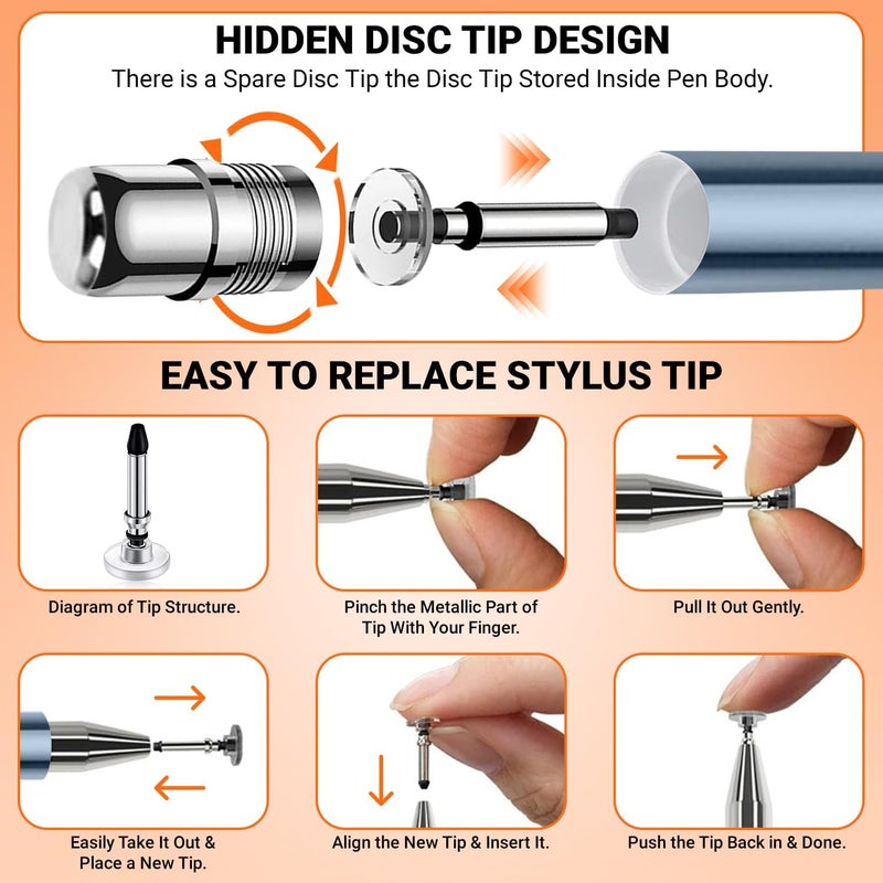 tuKZer Universal Stylus Pen for Smartphone/Tablet/iPad/Pro/Air/iPhone/iOS/Android/All Touch Screens Devices| Fine Point Disc Tip, Lightweight Aluminum Body Magnetic Cap Drawing Writing (Grey) - Image 2