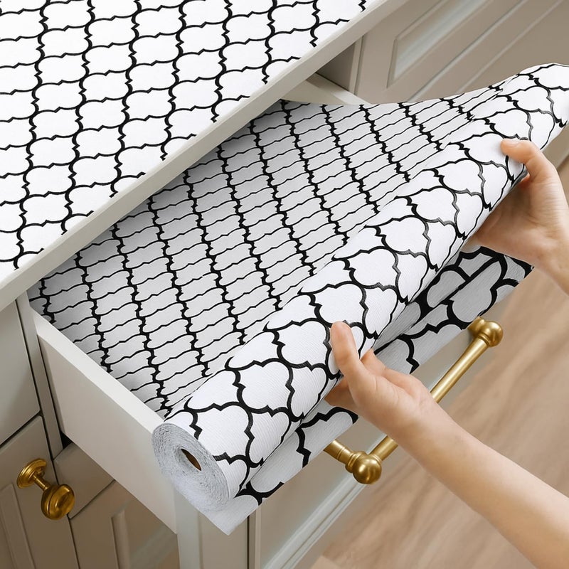 SUBETE Anti-Slip Waterproof Kitchen Drawer Liner | Non-Adhesive Shelf & Cabinet Mats | Anti-Skid Liner for Wardrobe, Cupboard, and Fridge | 45 cm x 300 cm (White Quatrefoil Pattern) - Image 1