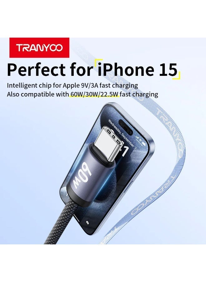 ترانيوو كابل شحن سريع USB-C إلى USB-C بقوة 60 واط – تصميم مضفر متين، شحن ونقل بيانات سريع، متوافق مع آيفون 15 وأجهزة أندرويد وUSB-C - Image 3