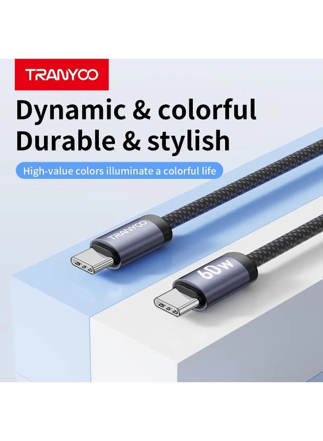 ترانيوو كابل شحن سريع USB-C إلى USB-C بقوة 60 واط – تصميم مضفر متين، شحن ونقل بيانات سريع، متوافق مع آيفون 15 وأجهزة أندرويد وUSB-C - Image 4